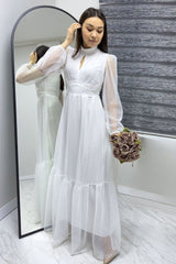 Kadın Damla Yaka Sırt Dekolteli Astarlı Tül Elbise