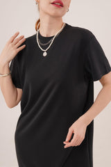 Yırtmaç Detaylı Kısa Kollu Salaş Maxi Siyah Elbise