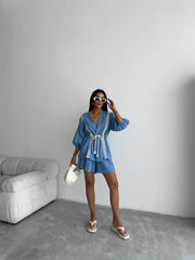 KETEN BEL BÜZGÜLÜ BLUZ-PANTOLON TAKIM - Mavi