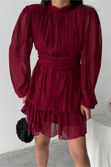 ŞİFON KATLI UZUN KOL ELBİSE - Pudra