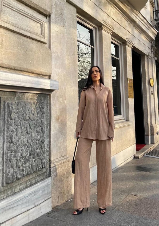 KENDİNDEN DESENLİ KRINKILL GÖMLEK - PANTOLON TK - Orange