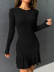 Kadın Bisiklet Yaka Uzun Kol Etek Ucu Fırfırlı Triko Mini Boy Elbise