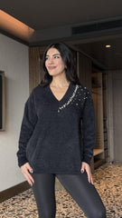 Kadın V Yaka Uzun Kollu Inci Detay Triko Bluz