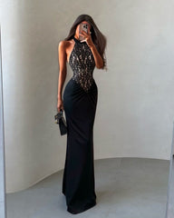 Kitap Okuyalım Mı Kitap Getir Kadın Halter Yaka Fantel Transparan Ve Sırt Dekoltesi Detay Maxi Boy Elbise