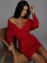 Kadın Uzun Kollu Kruvaze Yaka Bağcık Detay Akrilik Mini Boy Elbise