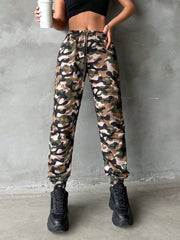 Kadın Yüksek Bel Kamuflaj Baskılı Bileği Lastik Detay İki İplik Pantolon