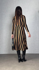 Kadın Uzun Kollu Kruvaze Yaka Kemer Dahil çizgili Triko Elbise