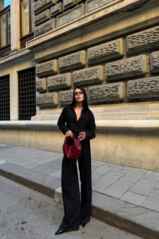 ÇİZGİLİ BLUZ  - PANTOLON TAKIM - Siyah