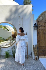 Pembe Omuzları Lastikli Brode Elbise