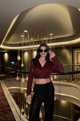 PULLU CROP KRUVAZE BLUZ - Siyah
