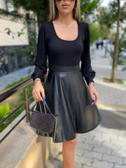 Kadın Uzun Kollu Kare Yaka üst Viskon Alt Deri Mini Elbise