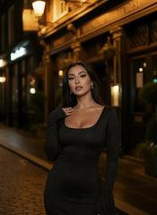 Kadın Uzun Kollu Kare Yaka Volanlı Manşet Detay Maxi Boy Elbise