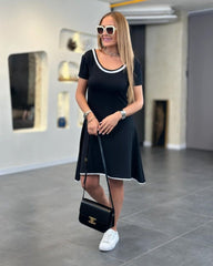 Kadın Kısa Kollu Geniş Yuvarlak Yaka Viskon Elbise