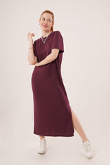 Yırtmaç Detaylı Kısa Kollu Salaş Maxi Siyah Elbise