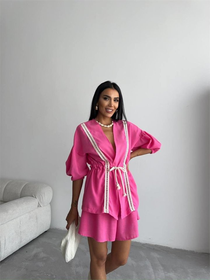 KETEN BEL BÜZGÜLÜ BLUZ-PANTOLON TAKIM - Fuşya