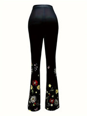 Kadın Yüksek Belli çiçek Desenli Ispanyol Paçalı Dalgıç Tayt Pantolon