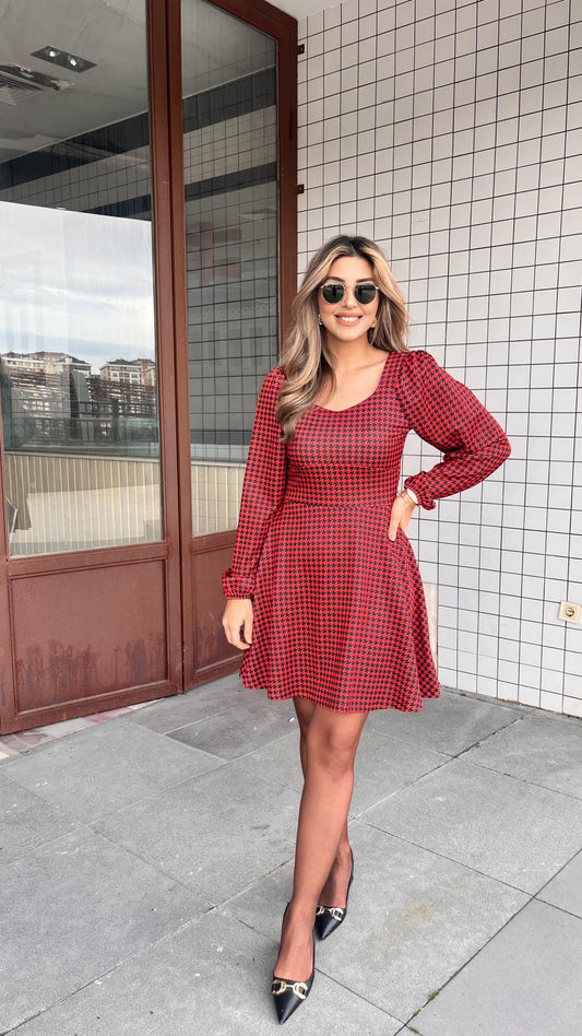 Kadın Uzun Kollu Kare Kalp Yakalı Mini Modal Elbise
