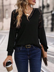 Kadın Uzun Kollu V Yakalı Dantelli Waffle Bluz