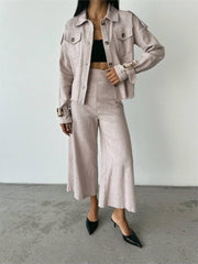 KETEN PÜSKÜL DETAYLI GÖMLEK-PANTOLON TAKIM - Ham