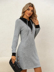 Kadın Uzun Kollu Kapşonlu önden Fermuarlı Düğmeli Mini Iki Iplik Elbise