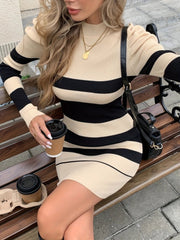 Kadın Uzun Kollu Yuvarlak Yaka Balon Omuz Kol Detaylı çok Renkli Mini Elbise