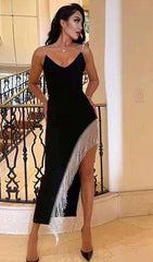 Kadın Dagıç Kumaş Saçaklı Taşlı Askılı Midi Boy Elbise