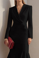 Kadın Uzun Kollu Yakalı Belden Oturtmalı Midi Ithal Krep Elbise