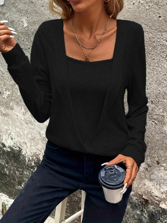 Kadın Uzun Kollu Kruvaze Yaka Kol Ve Etek Ucu Manşet Detay Yumoş Bluz