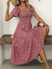 Kadın Kısa Kollu Gipe Detaylı Desenli Midi Süprem Elbise