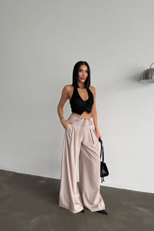 TASARIM SALAŞ  PANTOLON BEL İP DETAYLI - Bej