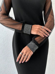 Kadın Uzun Kollu Bisiklet Yaka Kollar Tül Manşet Taş Işlemeli Krep Elbise