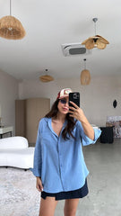 Kadın Flamlı Keten Tek Cep Oversızed Gömlek