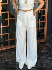 Kadın Yüksek Bel Geniş Paça Detaylı Cepli Ithal Krep Pantolon