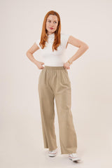 Bel Lastikli Paça Detaylı Cepli Krem Pantolon