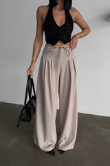 TASARIM SALAŞ  PANTOLON BEL İP DETAYLI - Bej