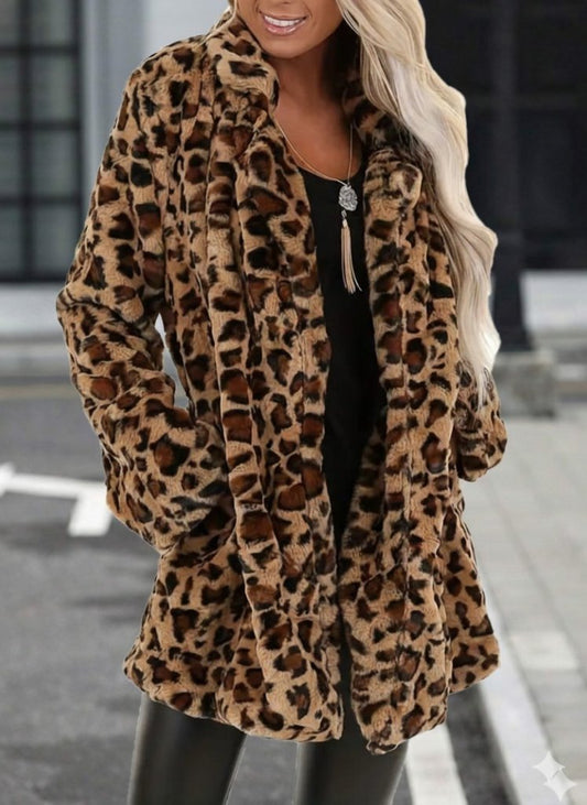 Kadın Uzun Kollu Yakalı Cepli Kısa Peluş Leopar Kaban