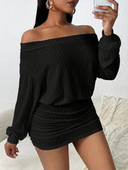 Kadın Uzun Kollu Madonna Yaka Yanlardan Büzgülü şardonlu Kaşkorse Mini Elbise