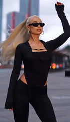 Kadın Uzun Kollu Kare Yaka Toka Ve Bel Dekoltesi Detaylı Tulum Tulum