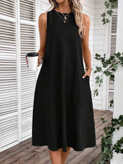 Kadın Kolsuz Bisiklet Yaka Cepli Midi Keten Elbise