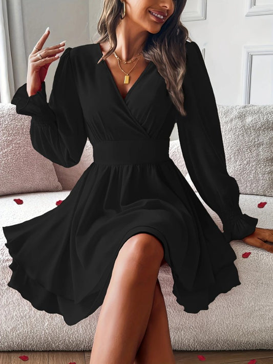 Kadın Uzun Kollu Kruvaze Yakalı Mini Sandy Elbise