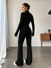 Kadın Uzun Kollu Balıkçı Yaka Krop Ve Pantolon şardonlu Kaşkorse Ikili Takım