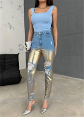 DİZ YIRTIK VARAKLI MOM KOT PANTOLON - Gold