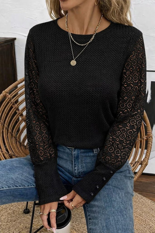 Kadın Uzun Kollu Bisiklet Yaka Kolları Tüllü Waffle Bluz