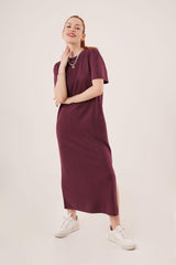 Yırtmaç Detaylı Kısa Kollu Salaş Maxi Siyah Elbise