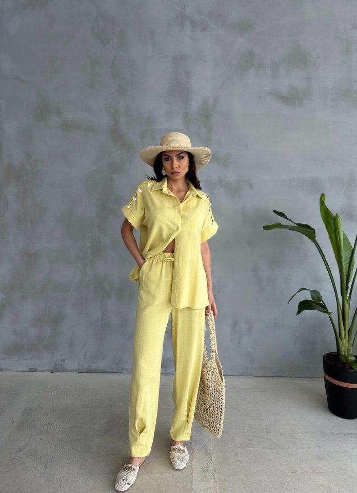 OMUZ MİDYE SIRALI BLUZ - PAÇA PENSLİ PANTOLON TAKIM - Sarı