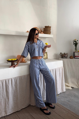 ÇİZGİLİ CROP GÖMLEK - SALAŞ PANTOLON TAKIM MODAL - Bej