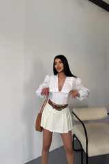 CROP POPLİN GÖMLEK YAKA KENAR DANTEL DETAYLI - Beyaz