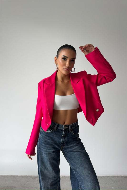 ARKASI İNCİ DÜĞME DETAYLI CROP CEKET - Fuşya