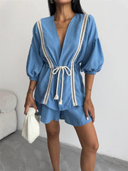 KETEN BEL BÜZGÜLÜ BLUZ-PANTOLON TAKIM - Mavi