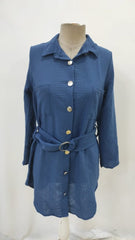 Kadın Uzun Kollu Yakalı önden Düğmeli Beli Kuşaklı Mini Ithal Keten Elbise